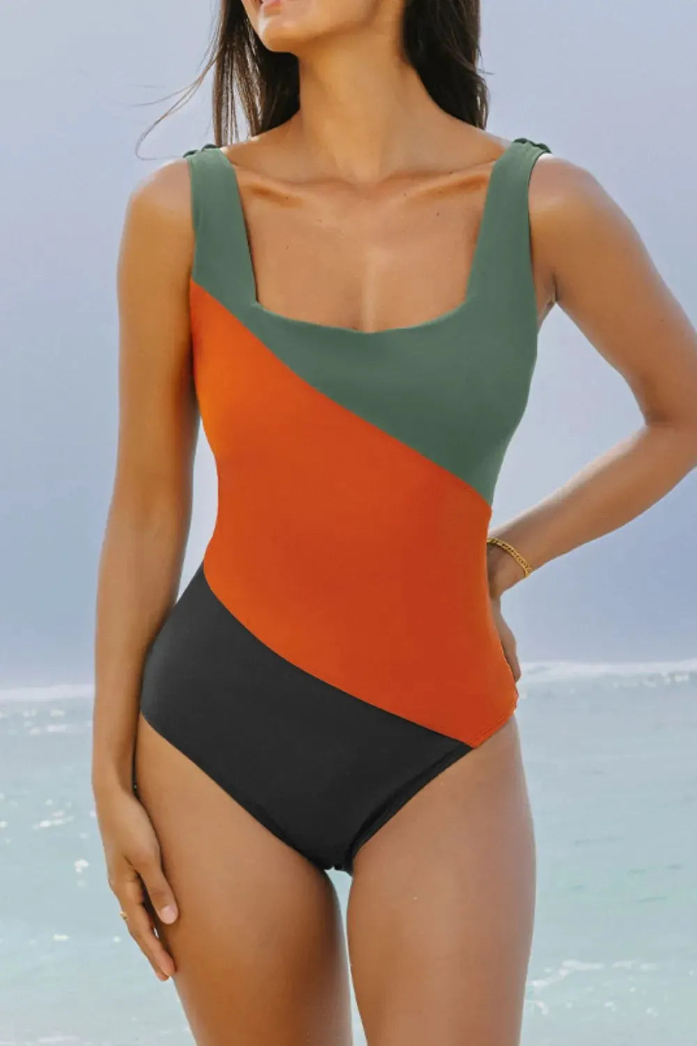 Color Block Padded Square Neck One Piece Swimsuit by Partner Label