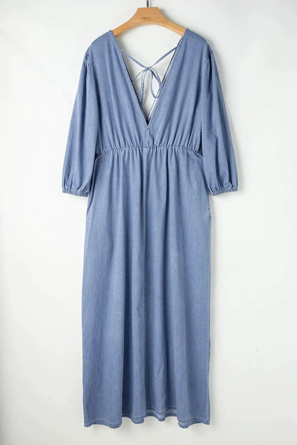 Tied Plunge Three-Quarter Sleeve Denim Dress by Partner Label
