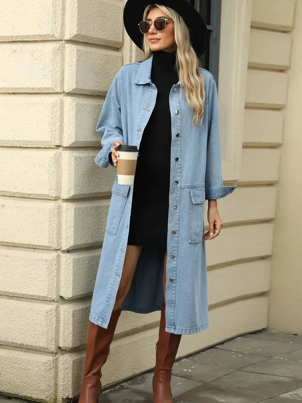 Pocketed Button Down Collared Neck Denim Jacket by Partner Label