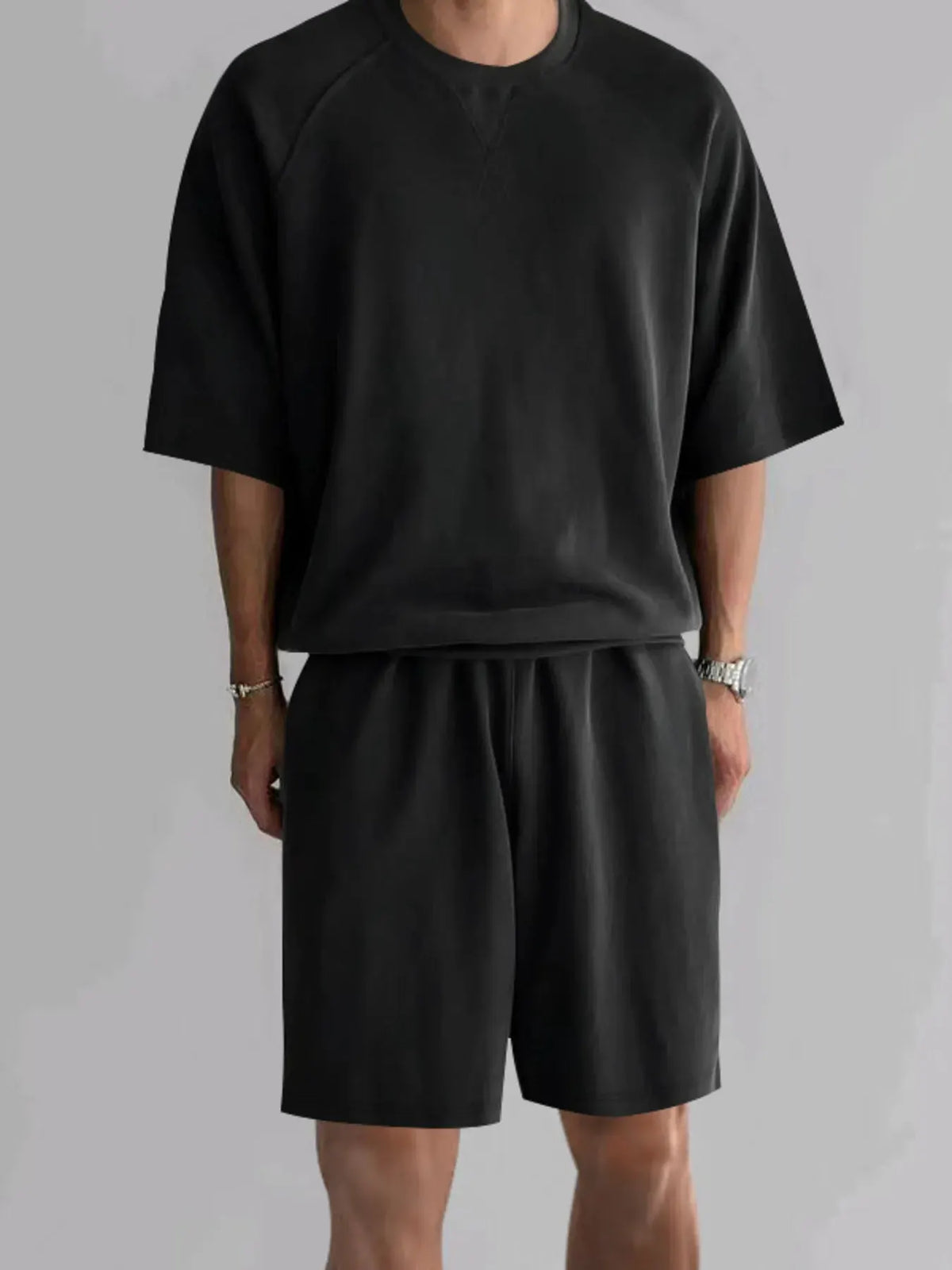 Men's Full Size Round Neck Top and Shorts Set Plus Size by Trendsi