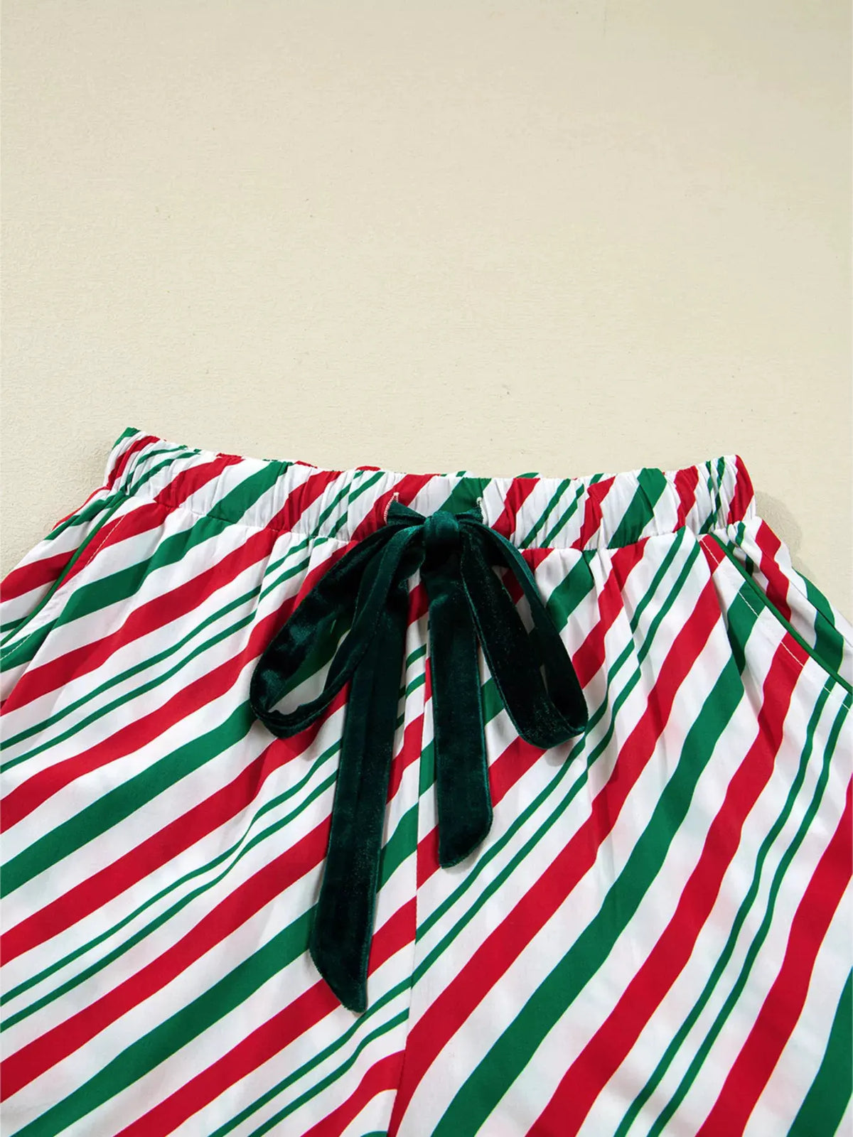 Stripe Contrast Velvet Ribbon Knot Christmas 2pcs Pajama Set by Partner Label