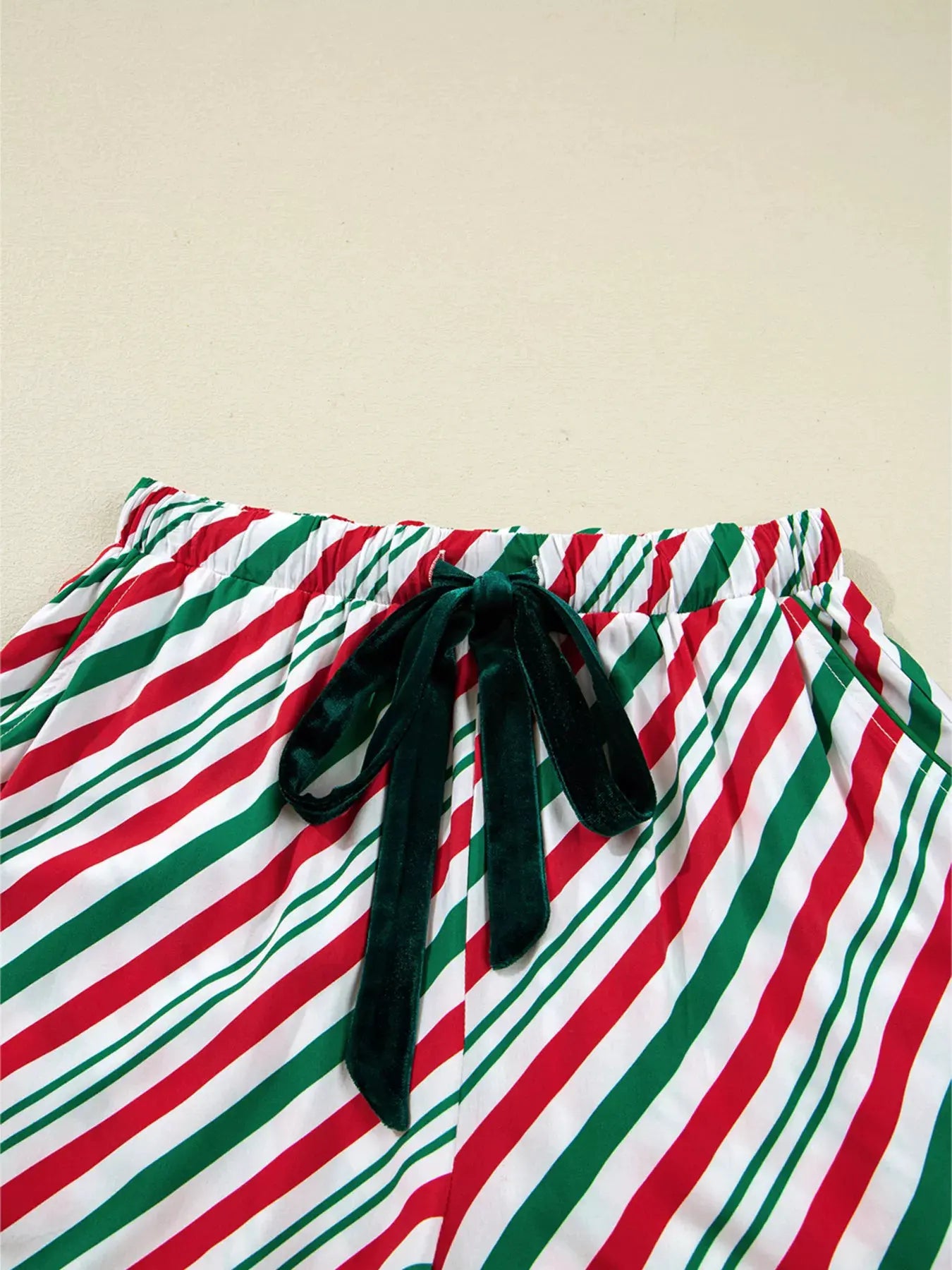 Stripe Contrast Velvet Ribbon Knot Christmas 2pcs Pajama Set by Partner Label