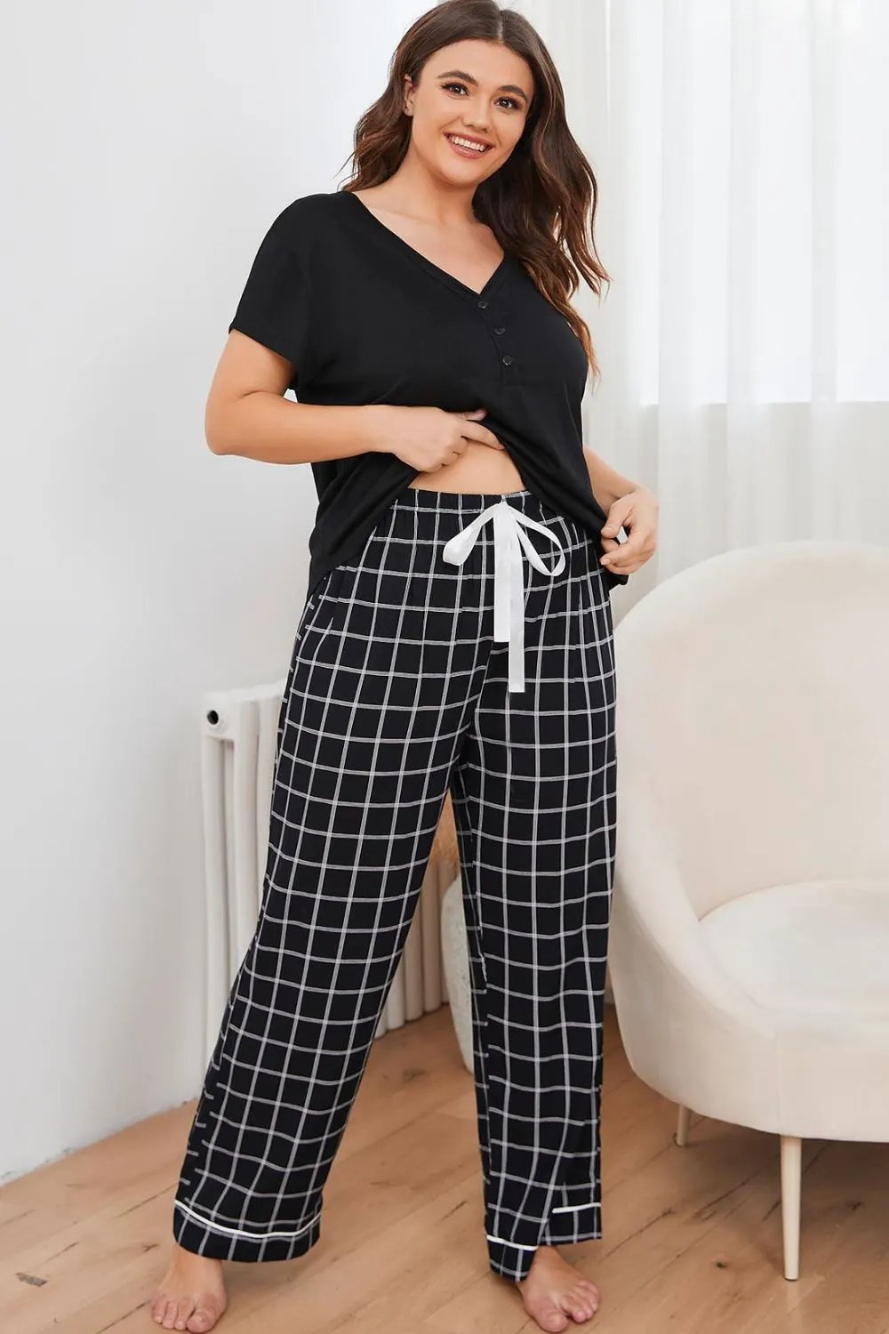 Plus Size V-Neck Top and Plaid Pants Lounge Set by Partner Label