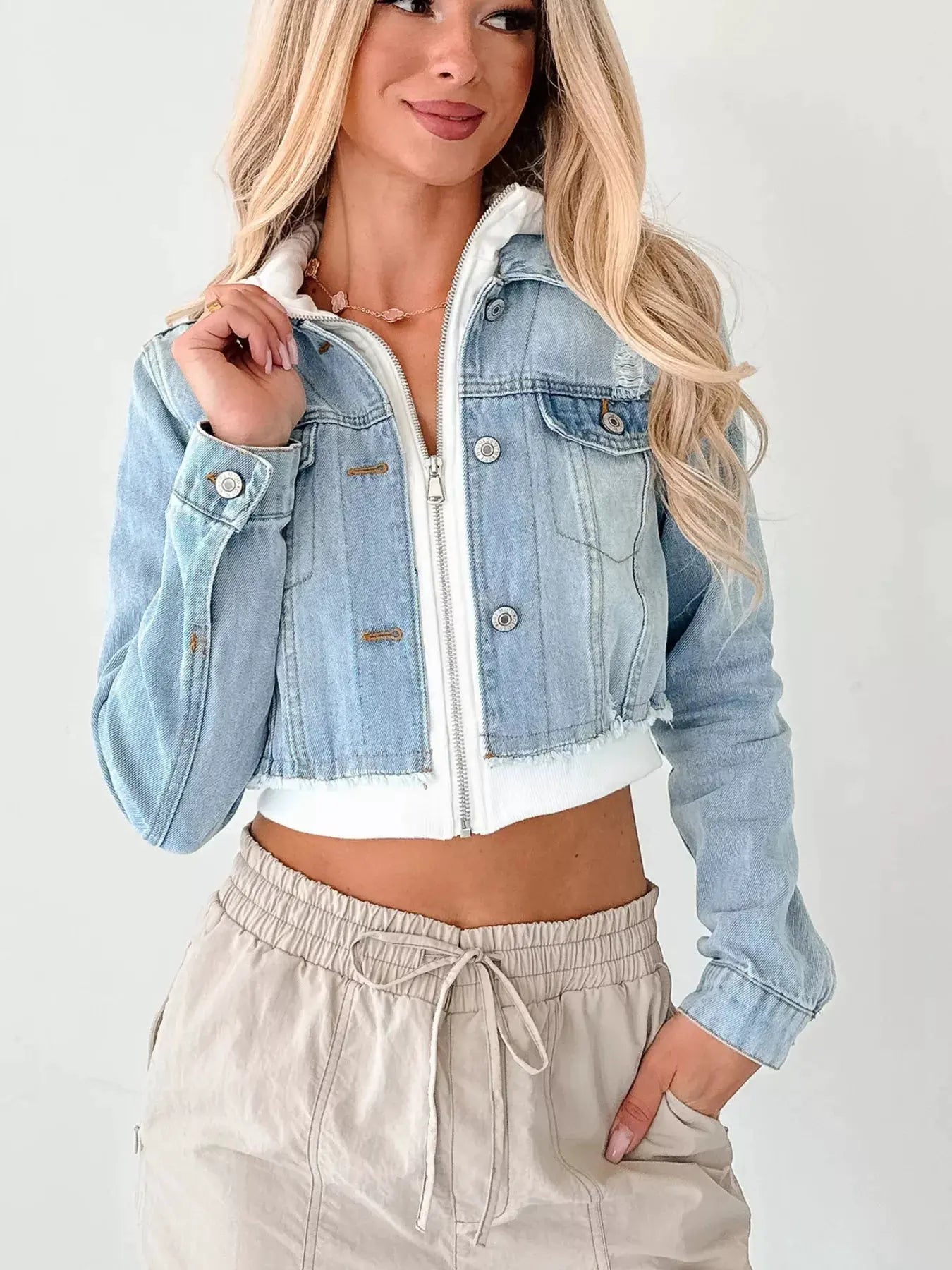 Distressed Zip Up Cropped Hooded Denim Jacket by Partner Label
