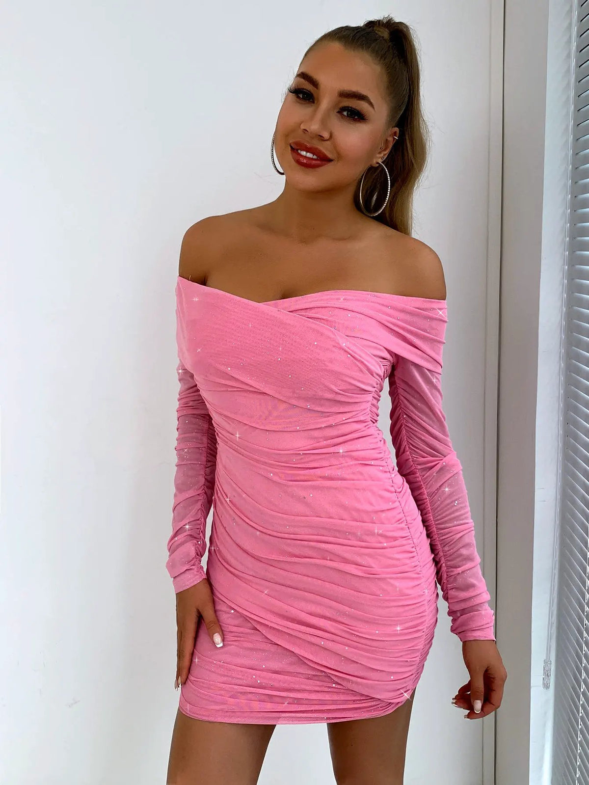 Glitter Ruched Off-Shoulder Long Sleeve Bodycon Dress by Partner Label