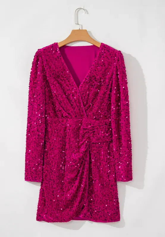 Sequin Surplice Long Sleeve Mini Dress by Partner Label
