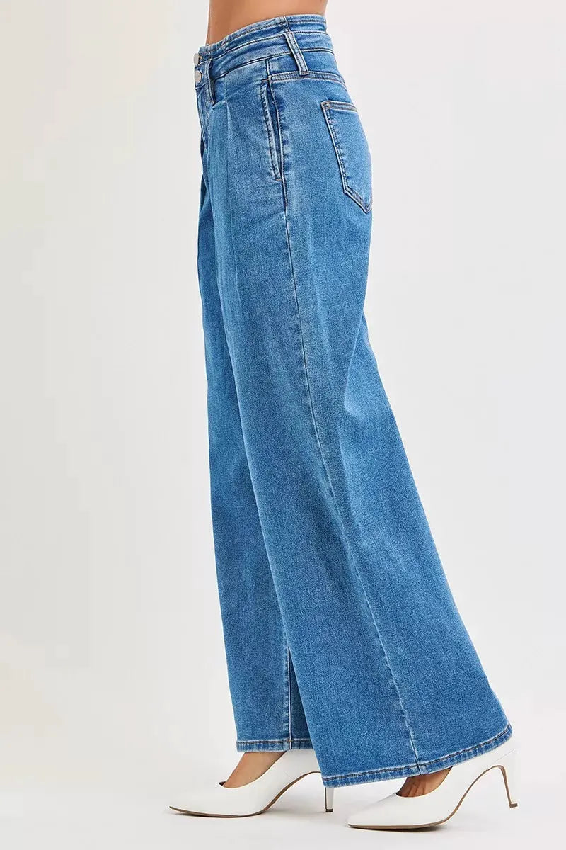 RISEN Full Size Mid Rise Fit Wide Leg with Pleated Detail Jeans Plus Size by RISEN