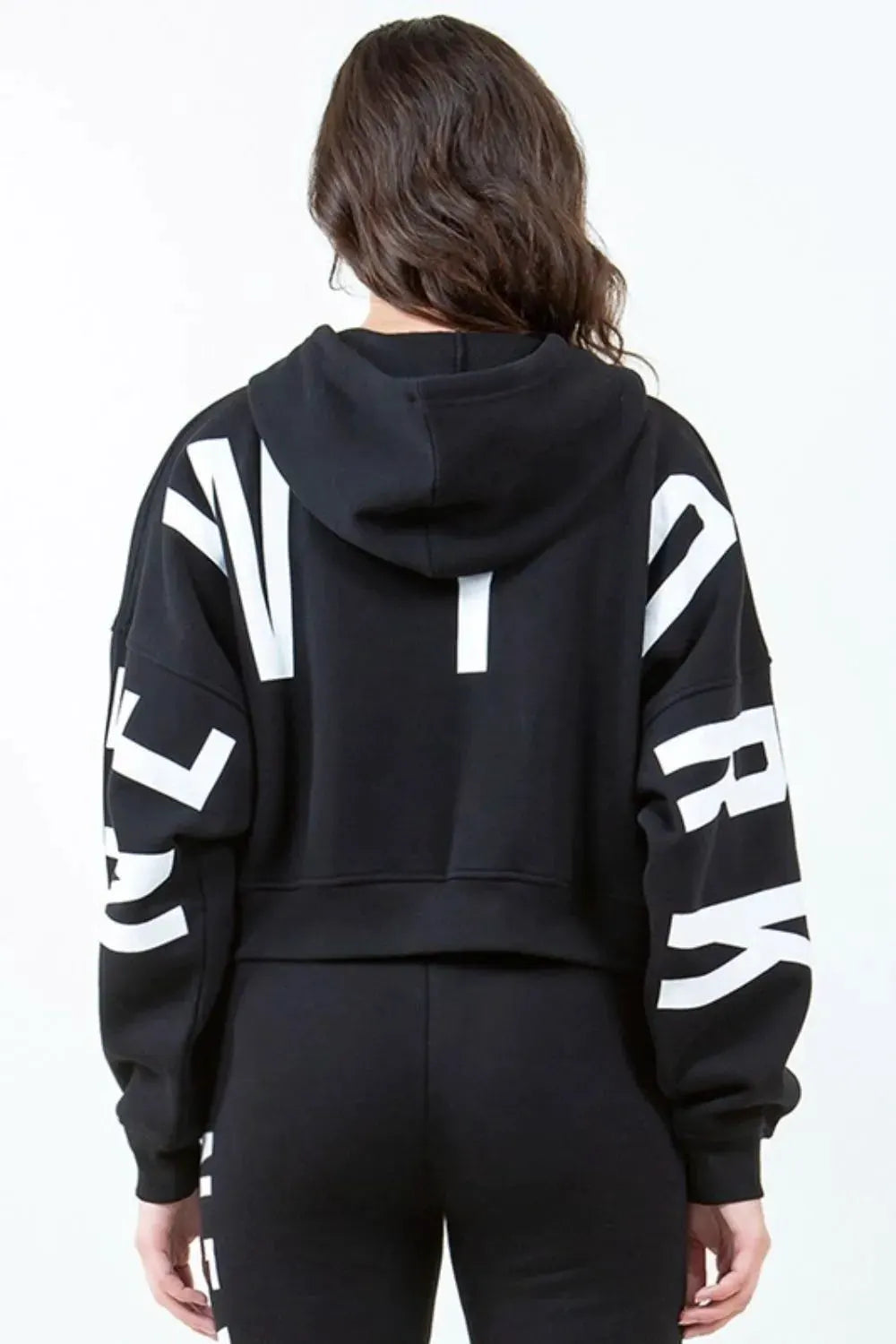 American Bazi Letter Graphic Long Sleeve Drawstring Cropped Hoodie by American Bazi