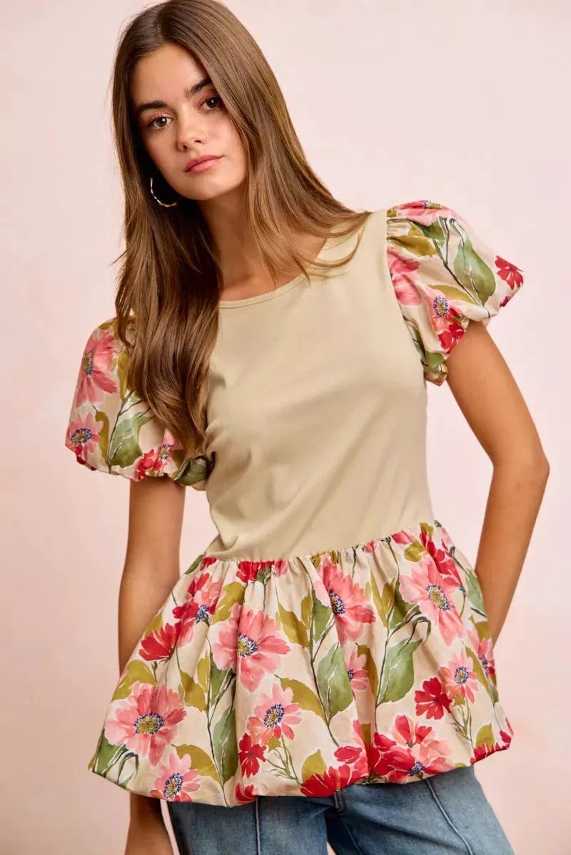 BiBi Floral Printed Bubble Sleeves and Hem Peplum Top by BiBi