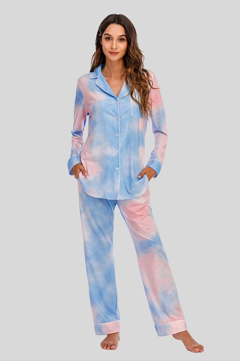 Collared Neck Long Sleeve Loungewear Set with Pockets by Partner Label