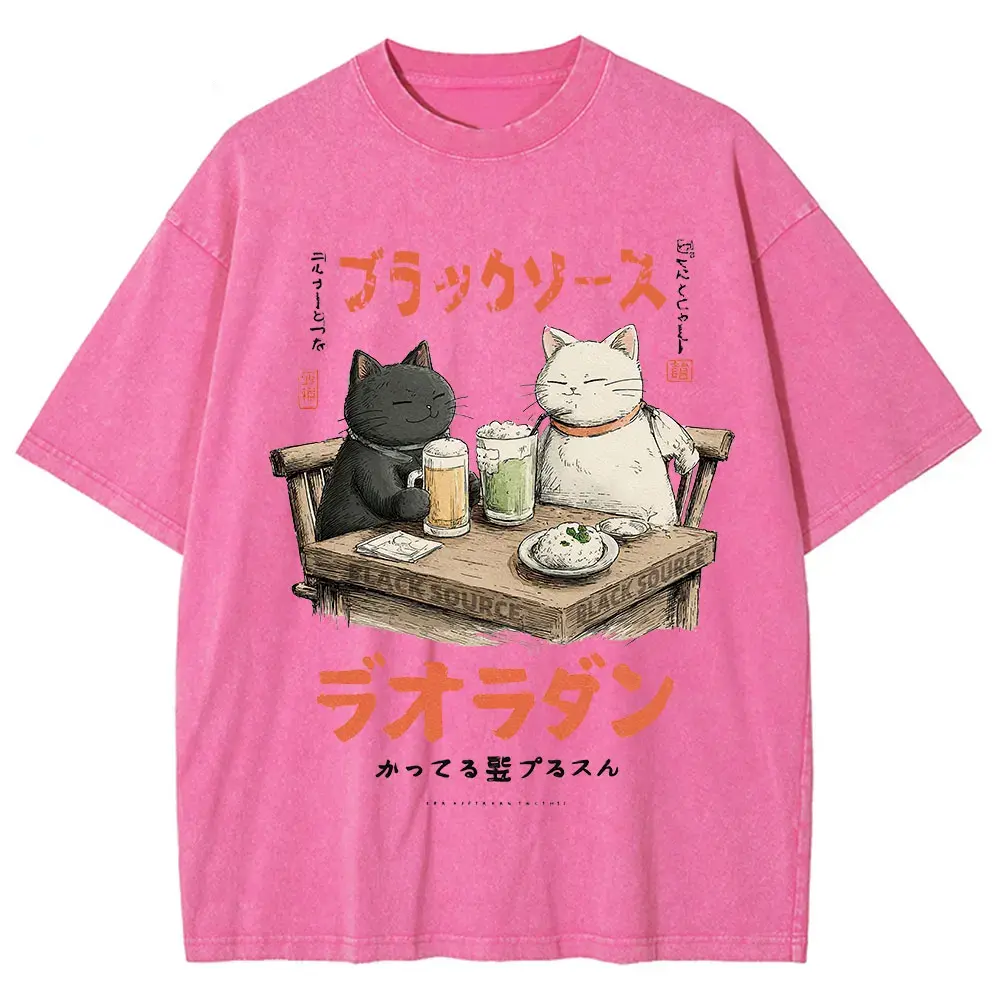 Funny Drinking Cat Japanese Harajuku Streetwear T-Shirt Cotton Unisex by Vimost Shop