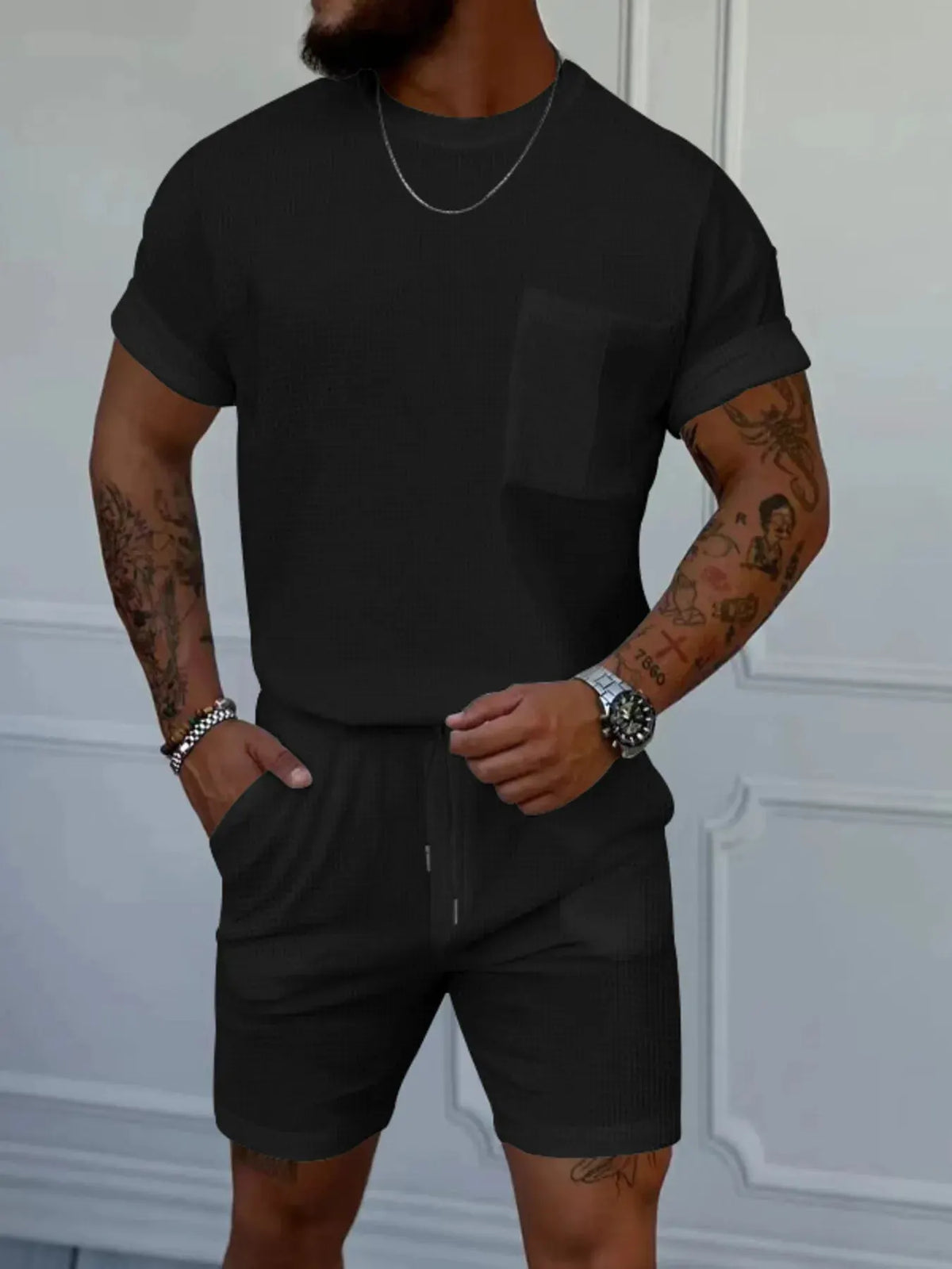 Men's Full Size Round Neck Short Sleeve Top and Shorts Set Plus Size by Trendsi