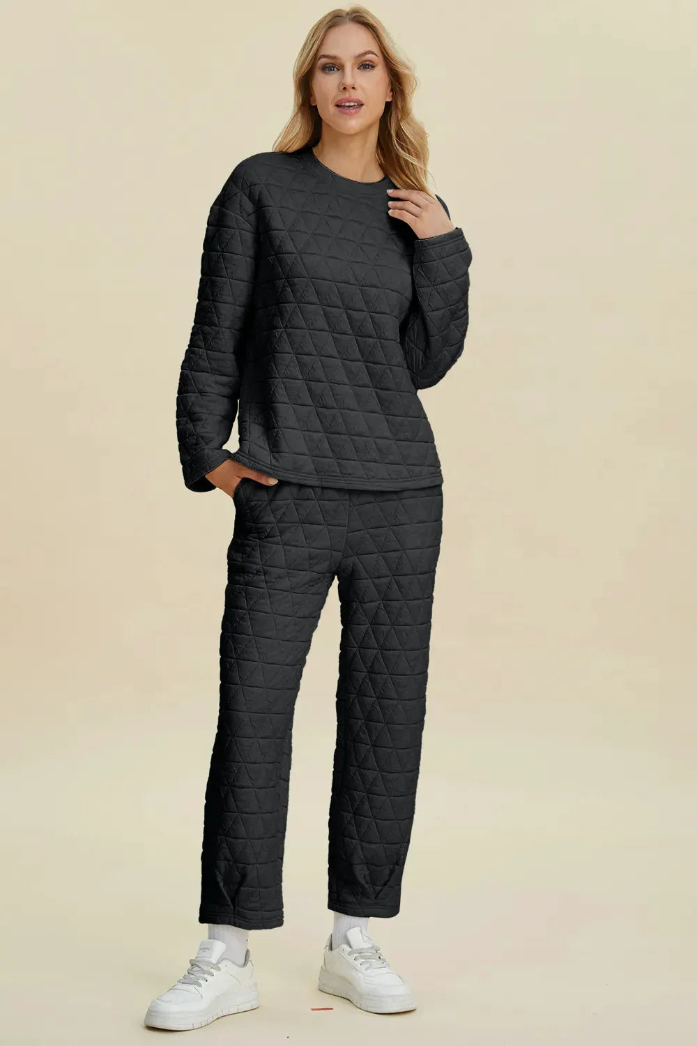 Double Take Full Size Texture Round Neck Long Sleeve Top and Pants Set by Double Take