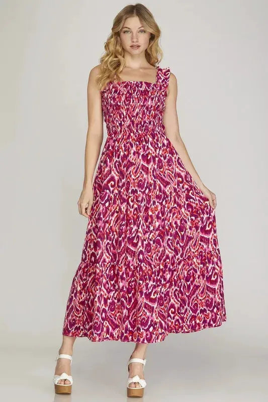 She + Sky Full Size Smocked Printed Wide Strap Tiered Dress Plus Size by She + Sky