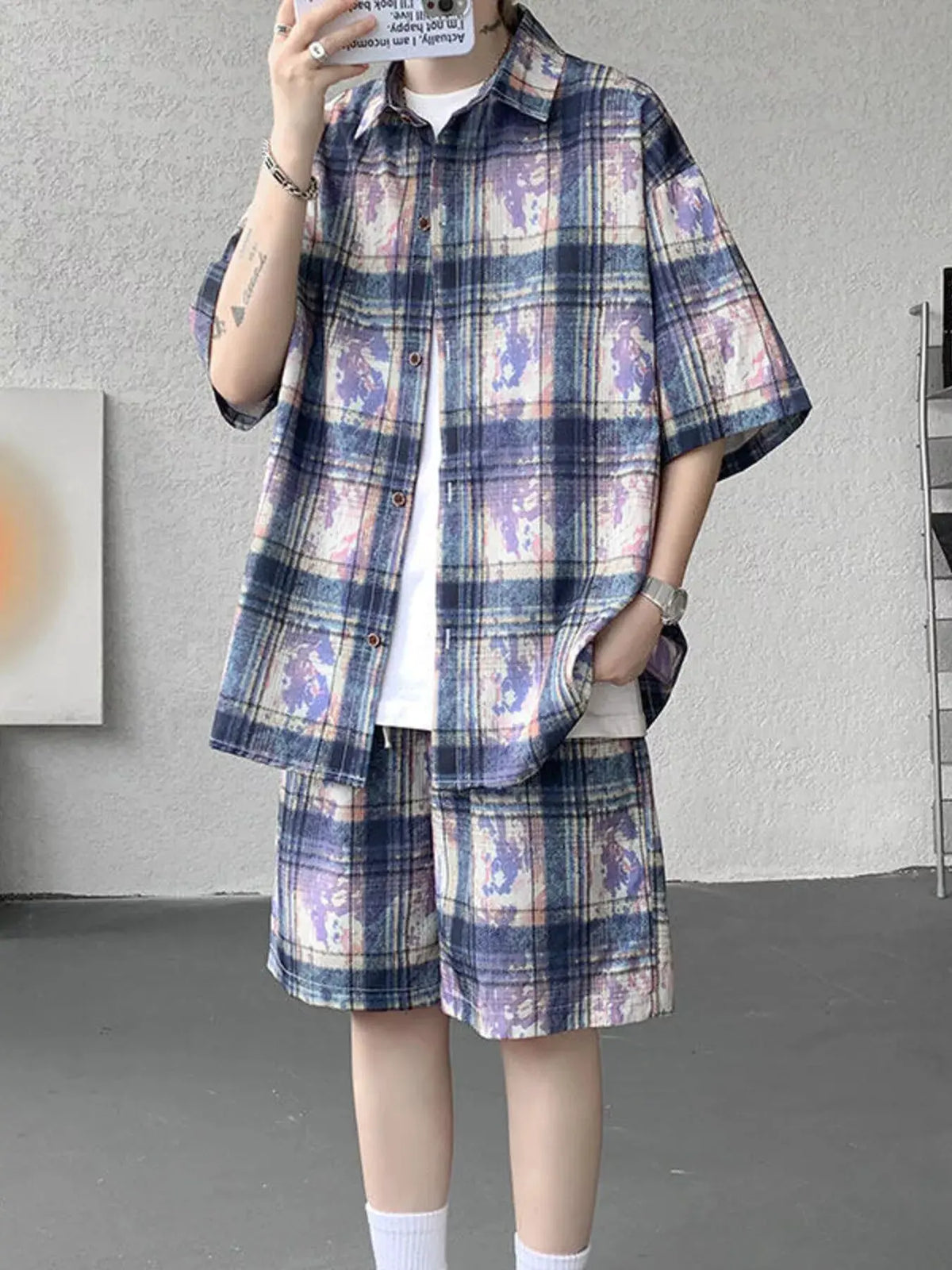 Men's Plus Size Casual Plaid Print Shirt & Shorts Set by Trendsi