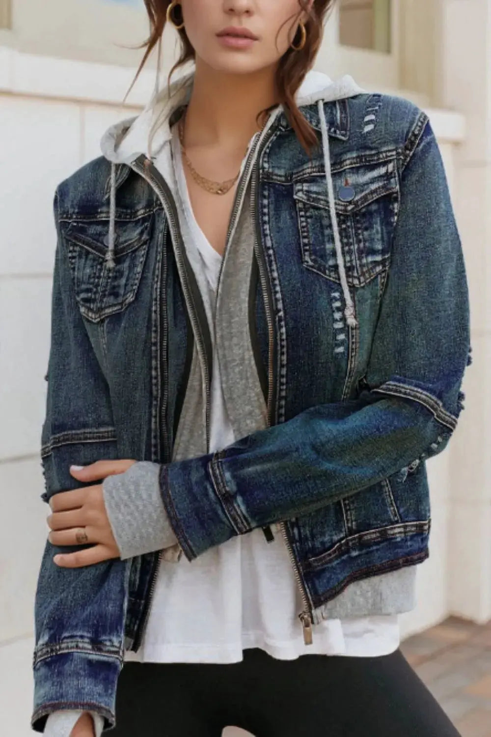 Fake Two-Piece Hooded Zip-Up Denim Jacket by Partner Label