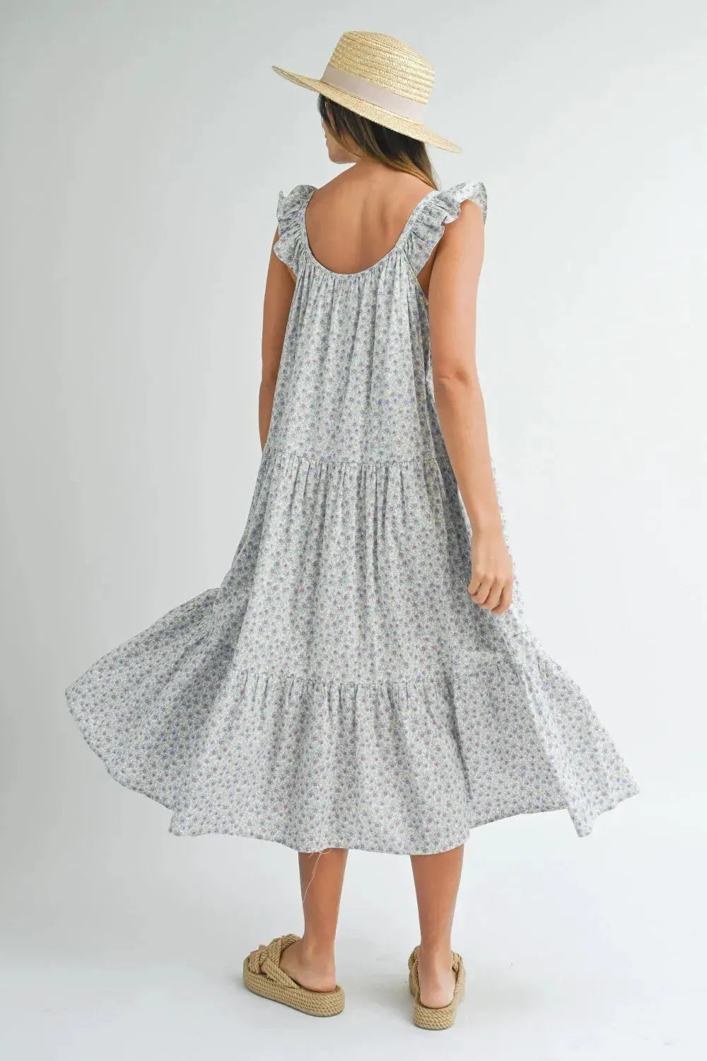 MABLE Floral Ruffle Shoulder Tiered Midi Dress by MABLE