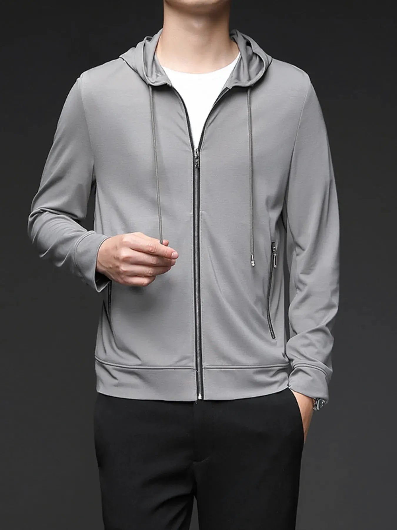 Men's Plus Size Drawstring Zip Up Long Sleeve Hoodie by Trendsi