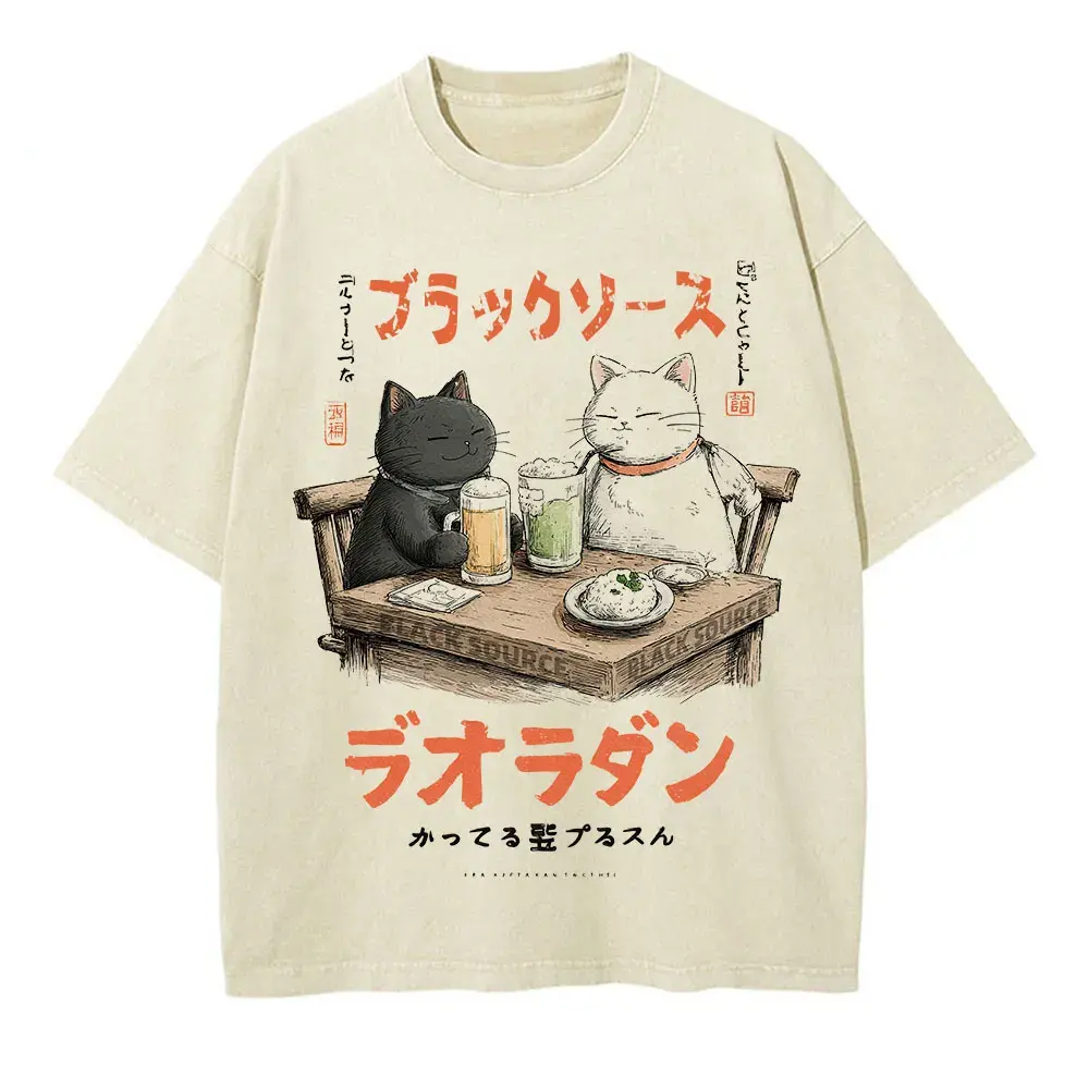 Funny Drinking Cat Japanese Harajuku Streetwear T-Shirt Cotton Unisex by Vimost Shop