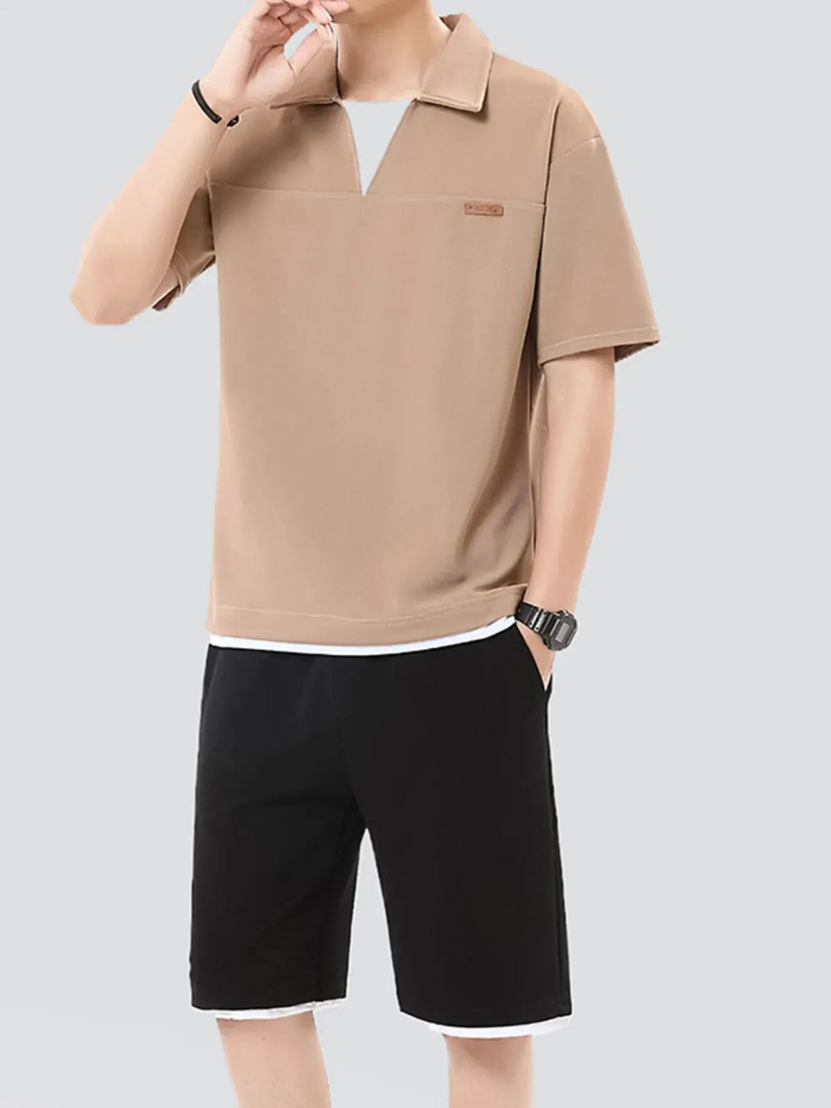 Men's Plus Size Johnny Collar Top and Shorts Set by Trendsi
