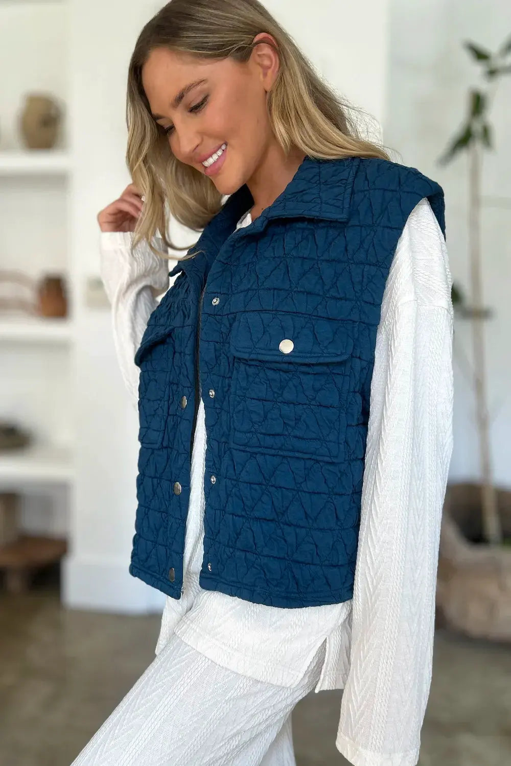 Double Take Full Size Pocketed Texture Snap Down Vest Coat by Double Take