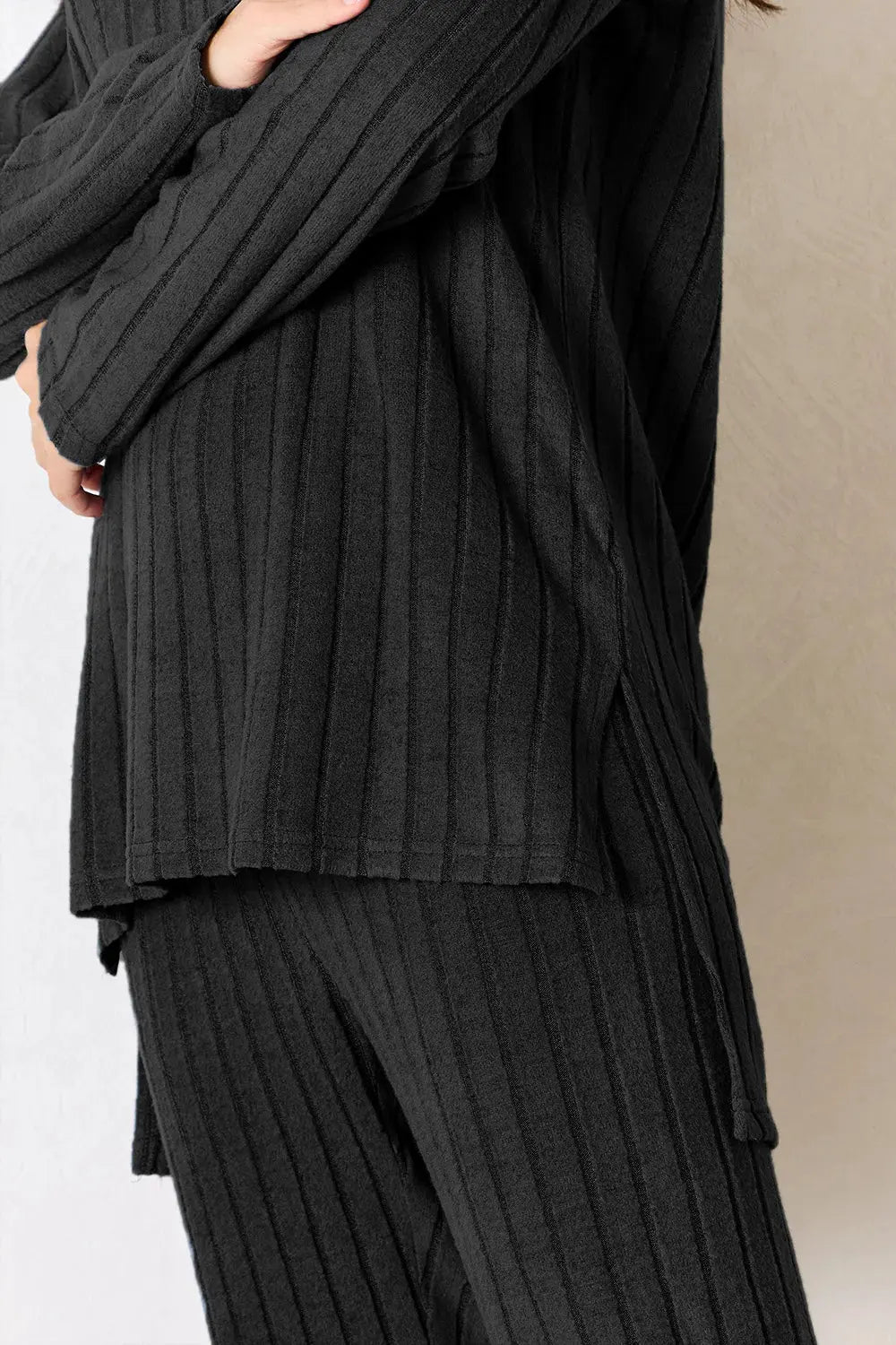 Basic Bae Full Size Ribbed Round Neck High-Low Slit Top and Pants Set by Basic Bae