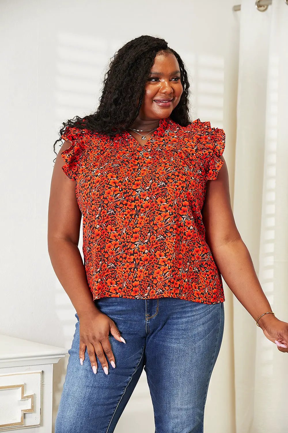 Double Take Floral Flutter Sleeve Notched Neck Blouse by Double Take
