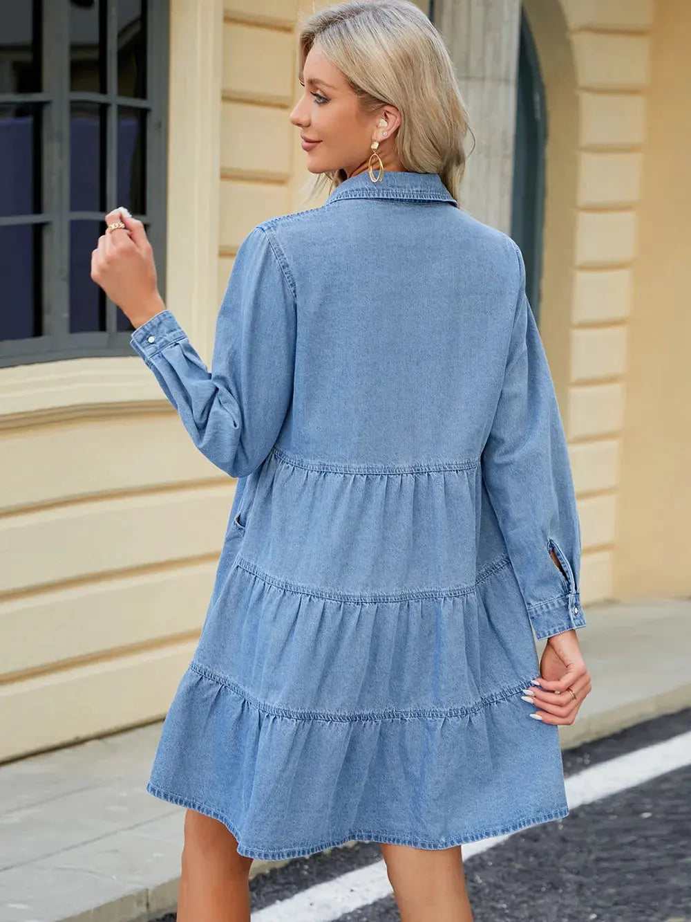Tiered Button Up Long Sleeve Denim Dress by Partner Label
