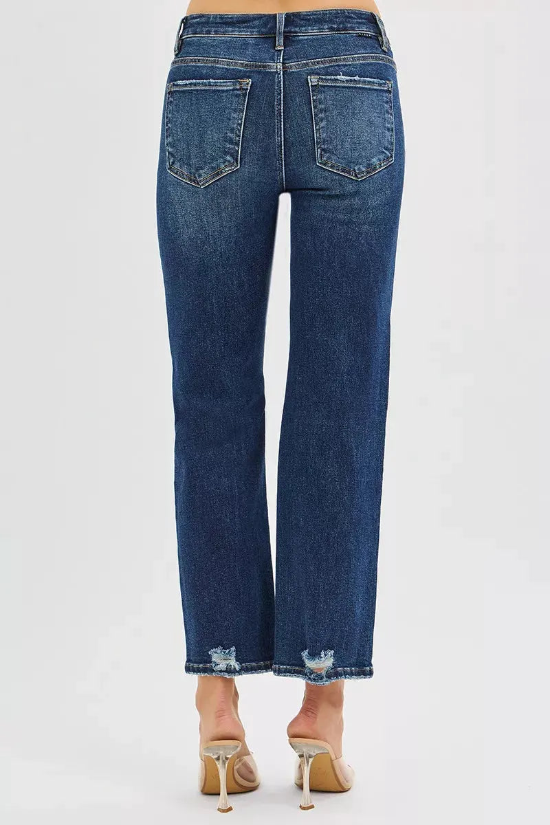 RISEN High Rise Crop Slim Straight Jenas with Hidden Knee Patch by RISEN