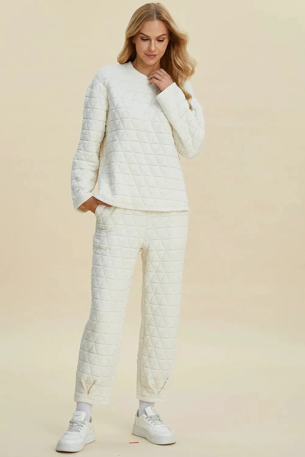 Double Take Full Size Texture Round Neck Long Sleeve Top and Pants Set by Double Take