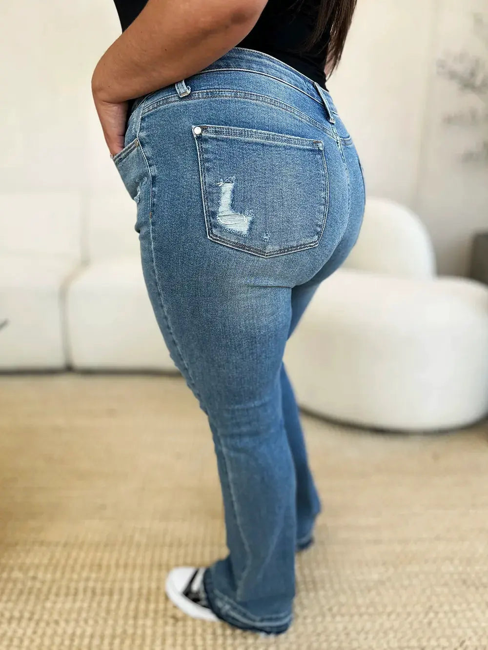 Judy Blue Full Size Mid Rise Destroyed Hem Distressed Jeans by Judy Blue