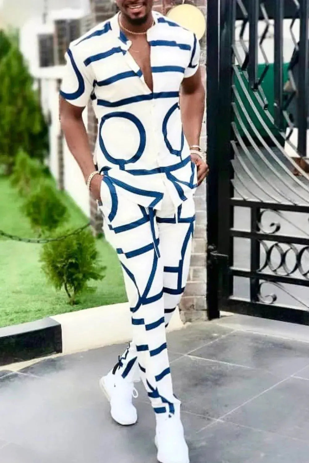Men's Full Size Geo Print Short Sleeve Top and Pants Set Plus Size by Trendsi