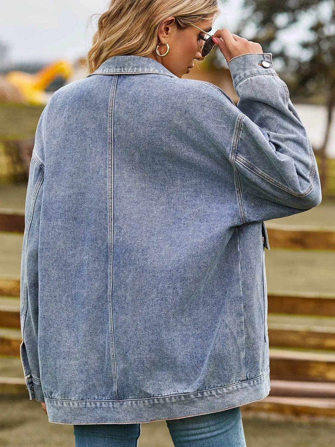 Dropped Shoulder Denim Jacket with Pockets by Partner Label