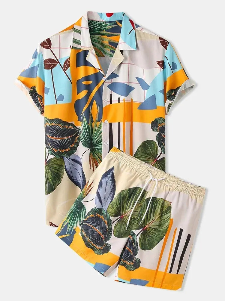 Men's Full Size Printed Short Sleeve Shirt and Shorts Set Plus Size by Trendsi