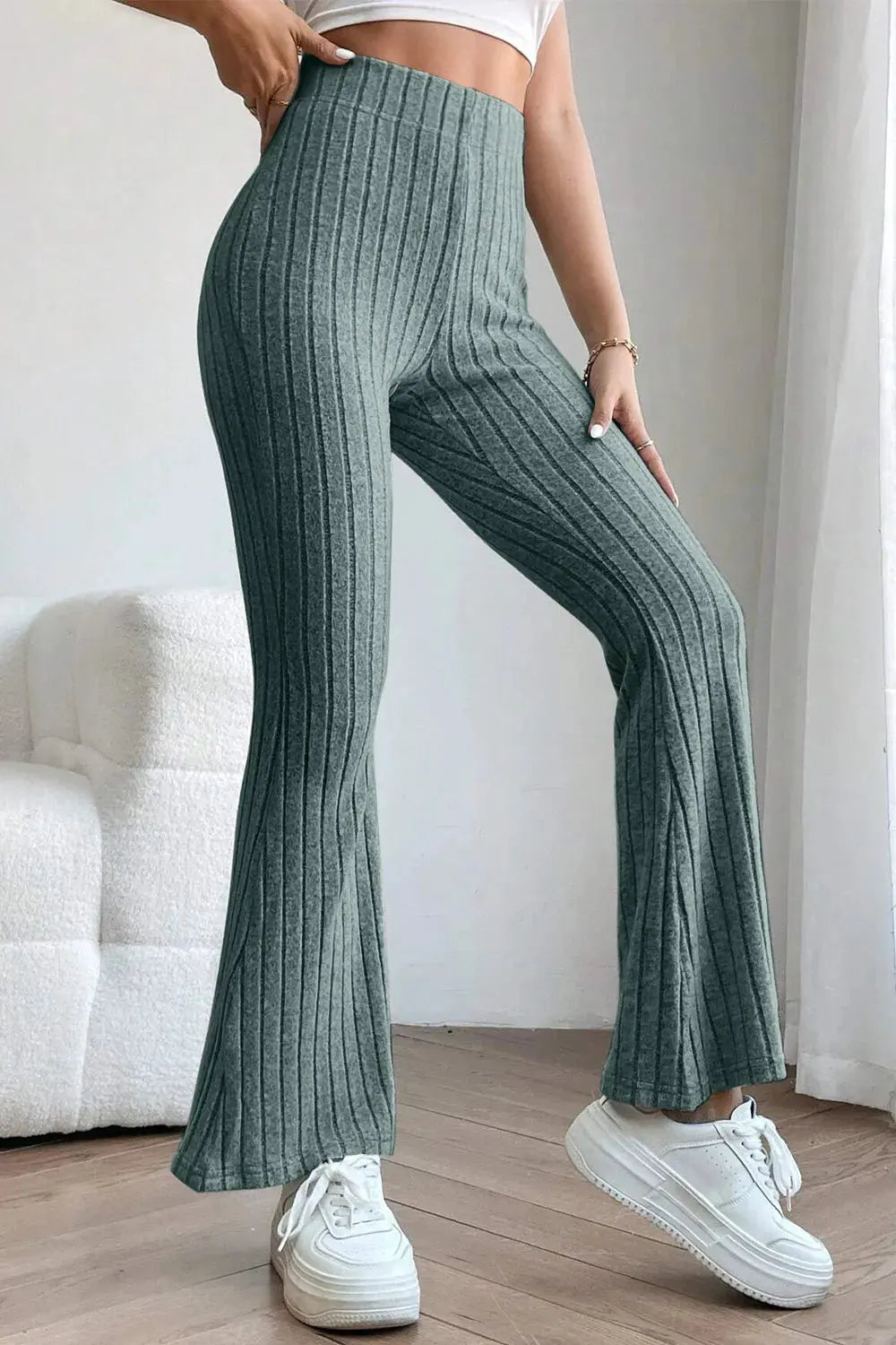 Basic Bae Full Size Ribbed High Waist Flare Pants by Partner Label