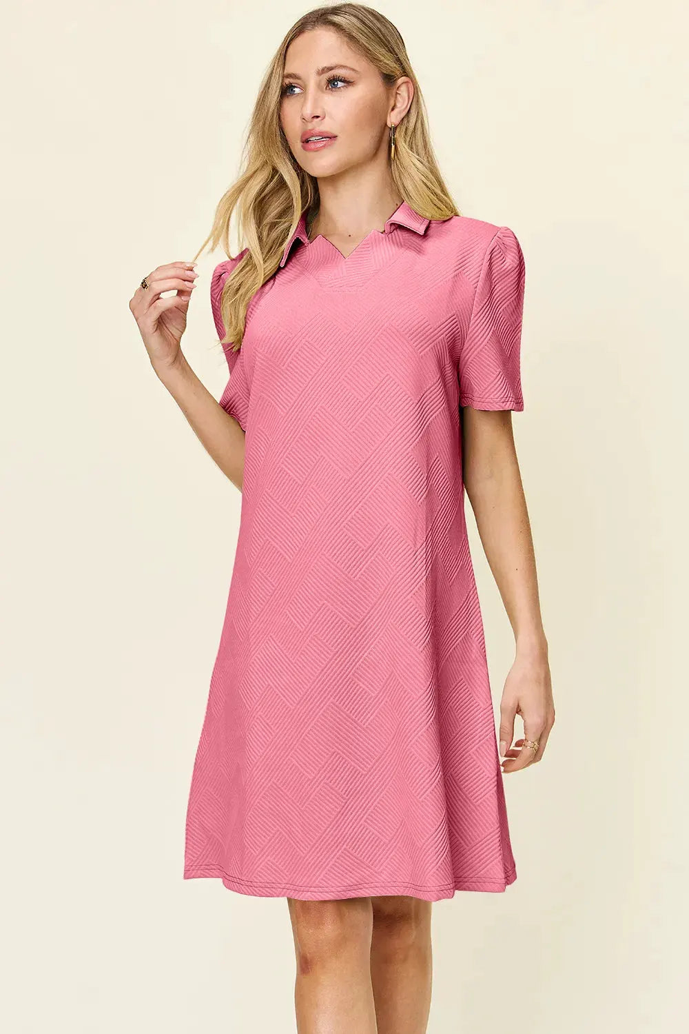 Double Take Full Size Texture Collared Neck Short Sleeve Dress by Double Take