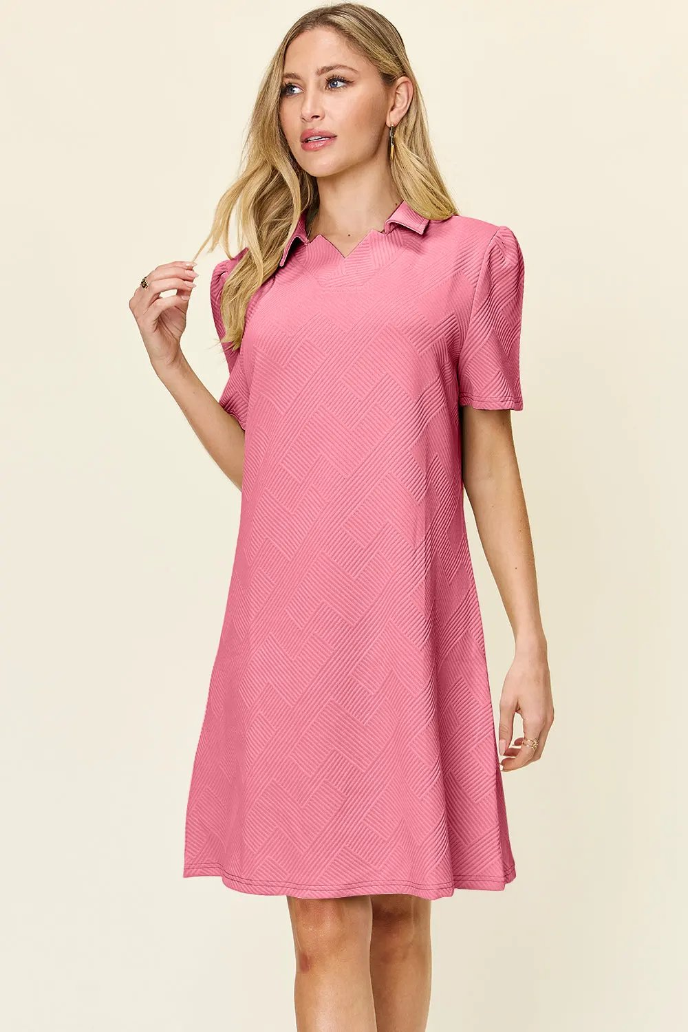 Double Take Full Size Texture Collared Neck Short Sleeve Dress by Double Take