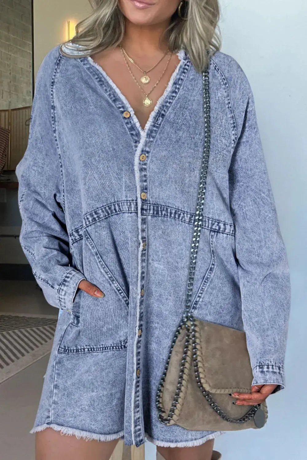 Raw Hem Button Down Long Sleeve Denim Dress by Partner Label