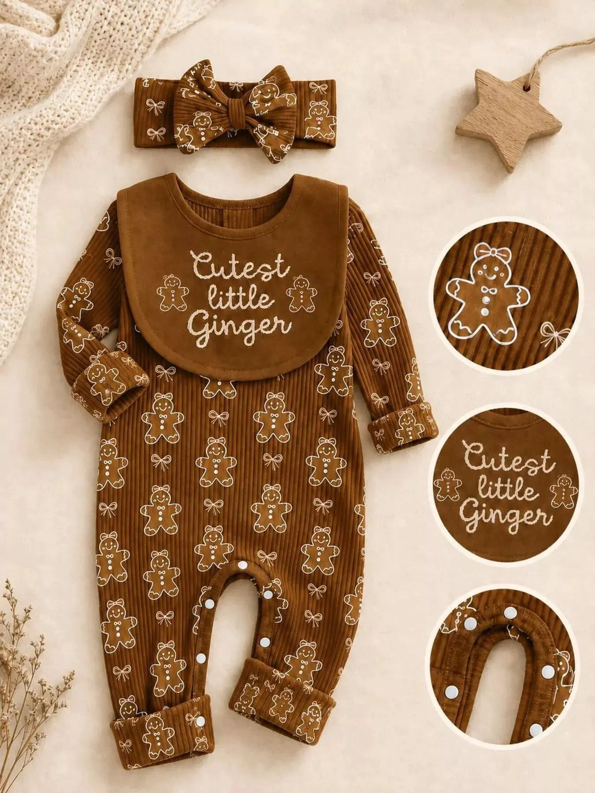 Children's Gingerbread Print Jumpsuit with Headband by Trendsi
