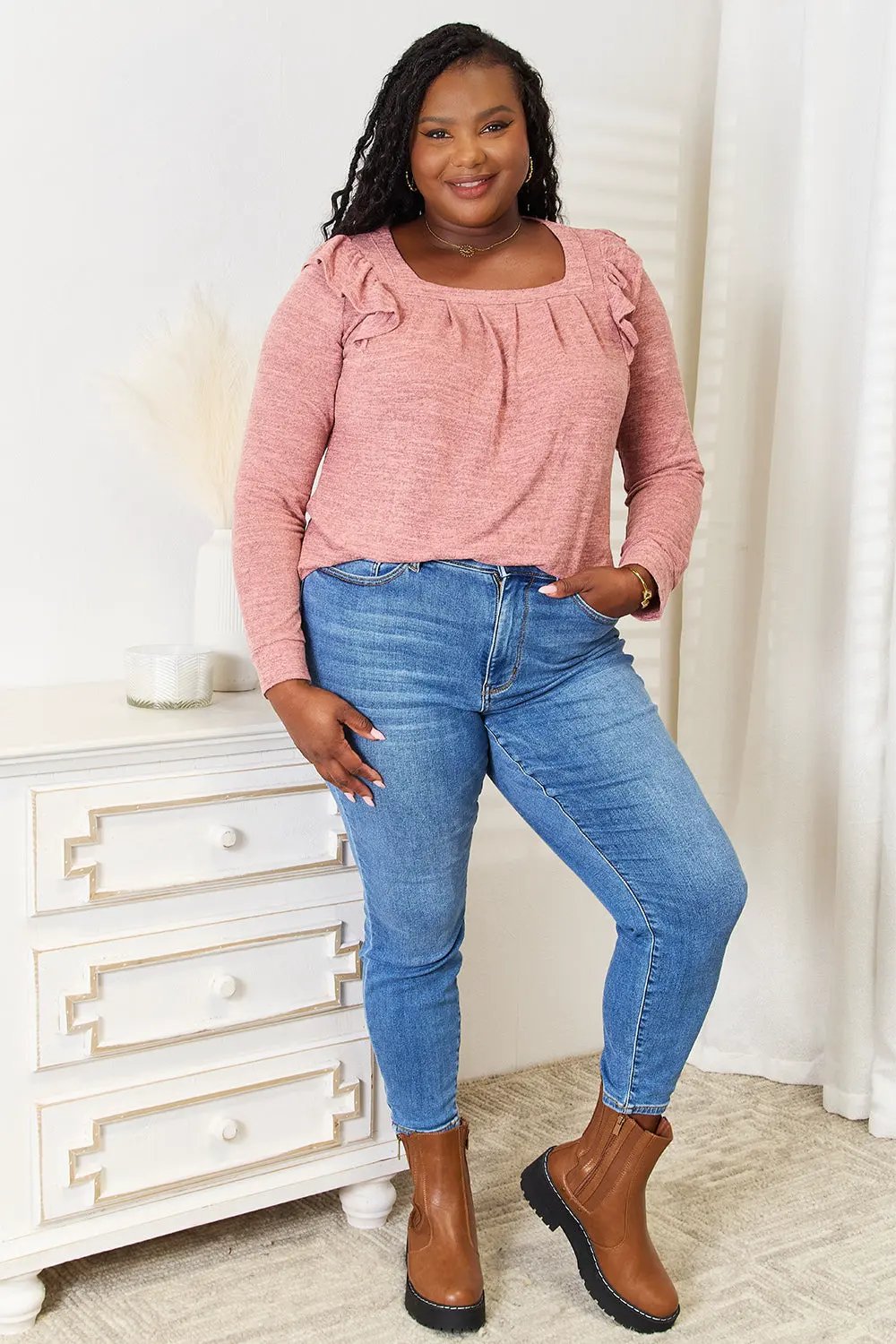 Double Take Square Neck Ruffle Shoulder Long Sleeve T-Shirt by Double Take