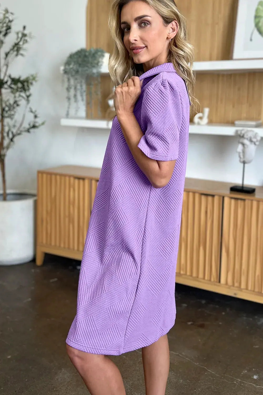 Double Take Full Size Texture Collared Neck Short Sleeve Dress by Double Take