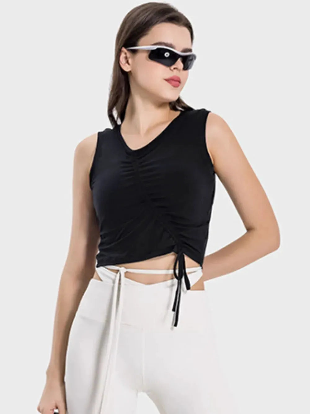 Millennia Drawstring Ruched Wide Strap Active Tank by Millennia