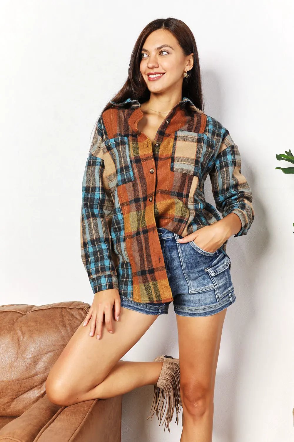 Double Take Plaid Curved Hem Shirt Jacket with Breast Pockets by Double Take