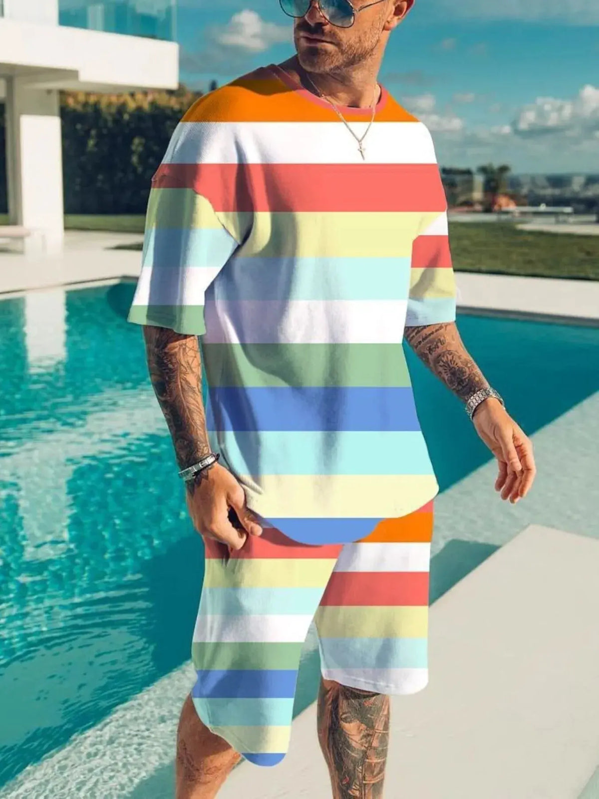 Men's Full Size Color Block Tee and Shorts Set Plus Size by Trendsi
