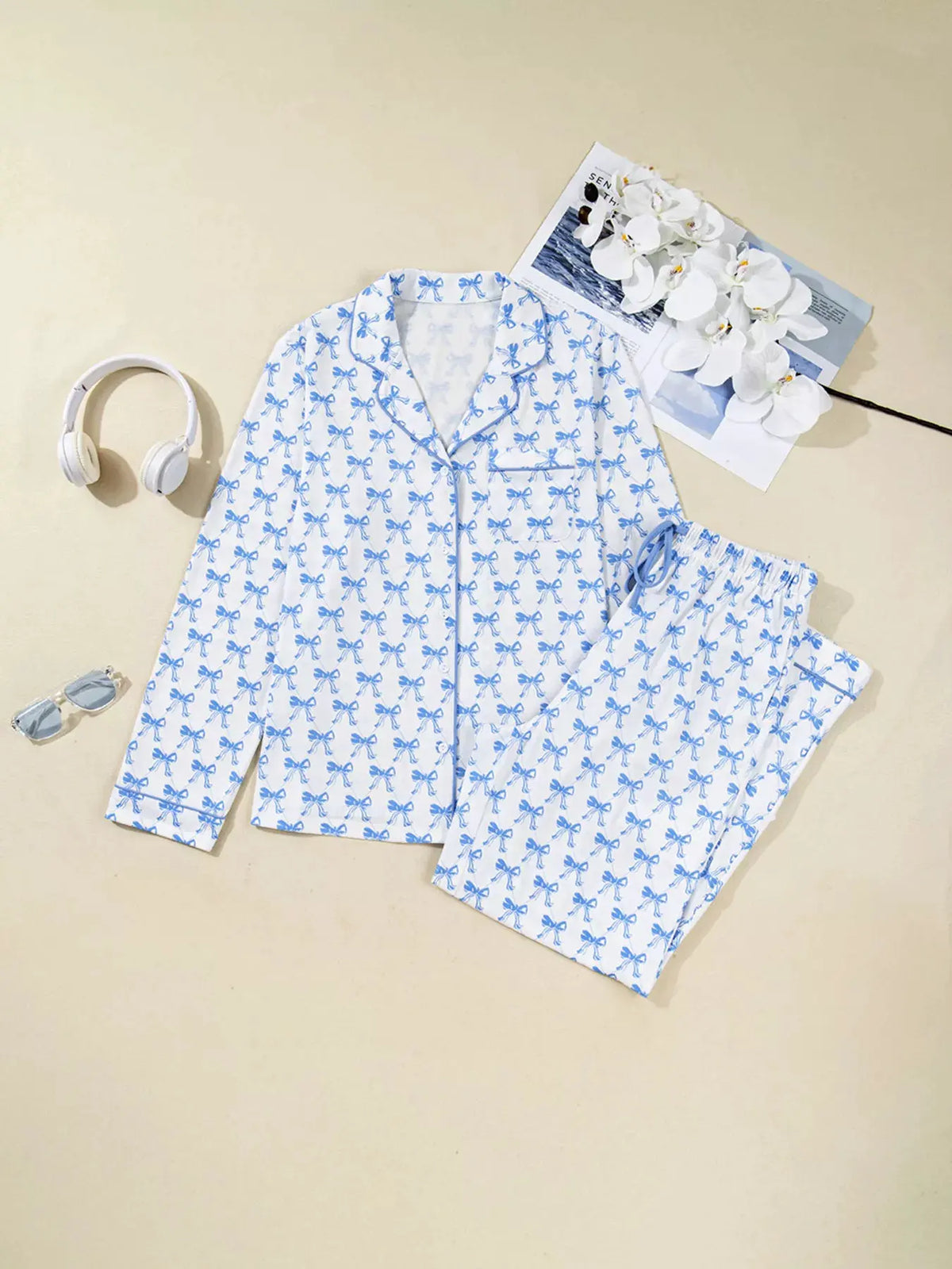 Bow Print Long Sleeve Shirt and Pants Pajama Set by Partner Label
