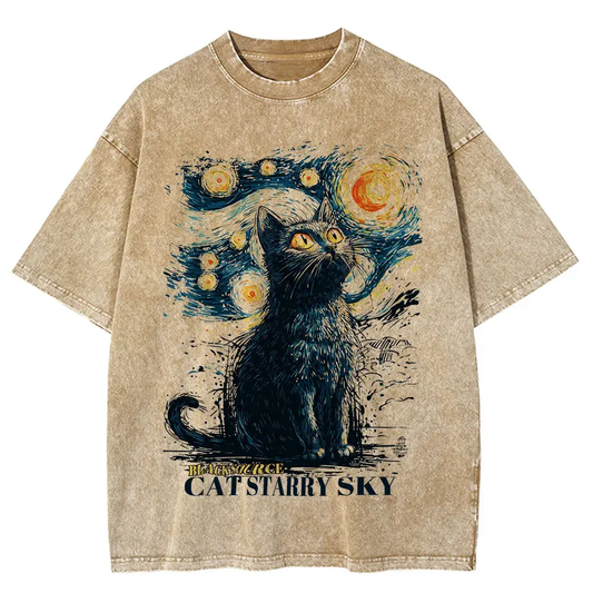 Black Cat Starry Sky Vintage T-Shirt Cotton Unisex Graphic Tee by Vimost Shop