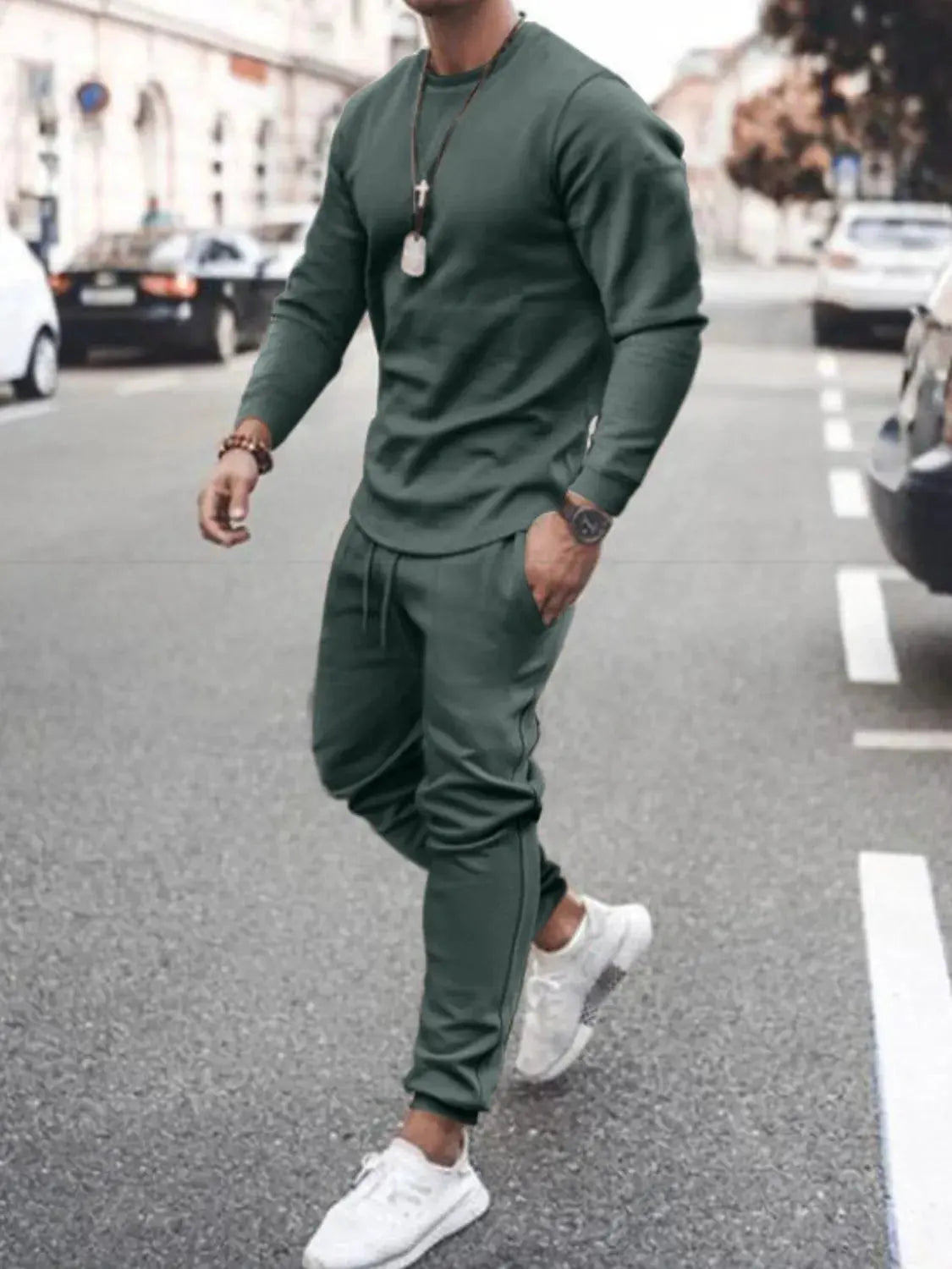 Men's Full Size Round Neck Long Sleeve Top and Pants Set Plus Size by Trendsi