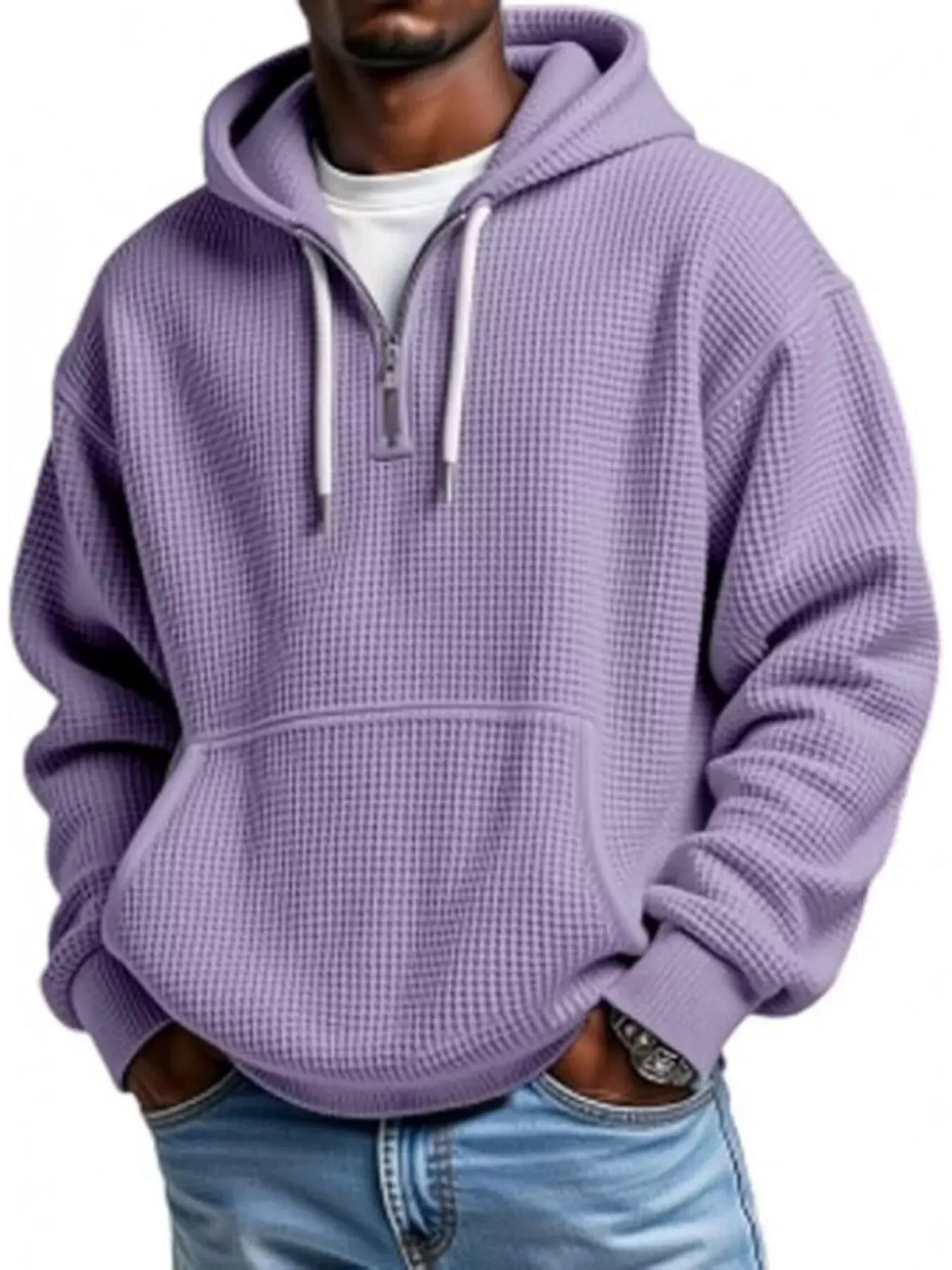 Men's Full Size Waffle Knit Quarter Zip Hoodie Plus Size by Trendsi