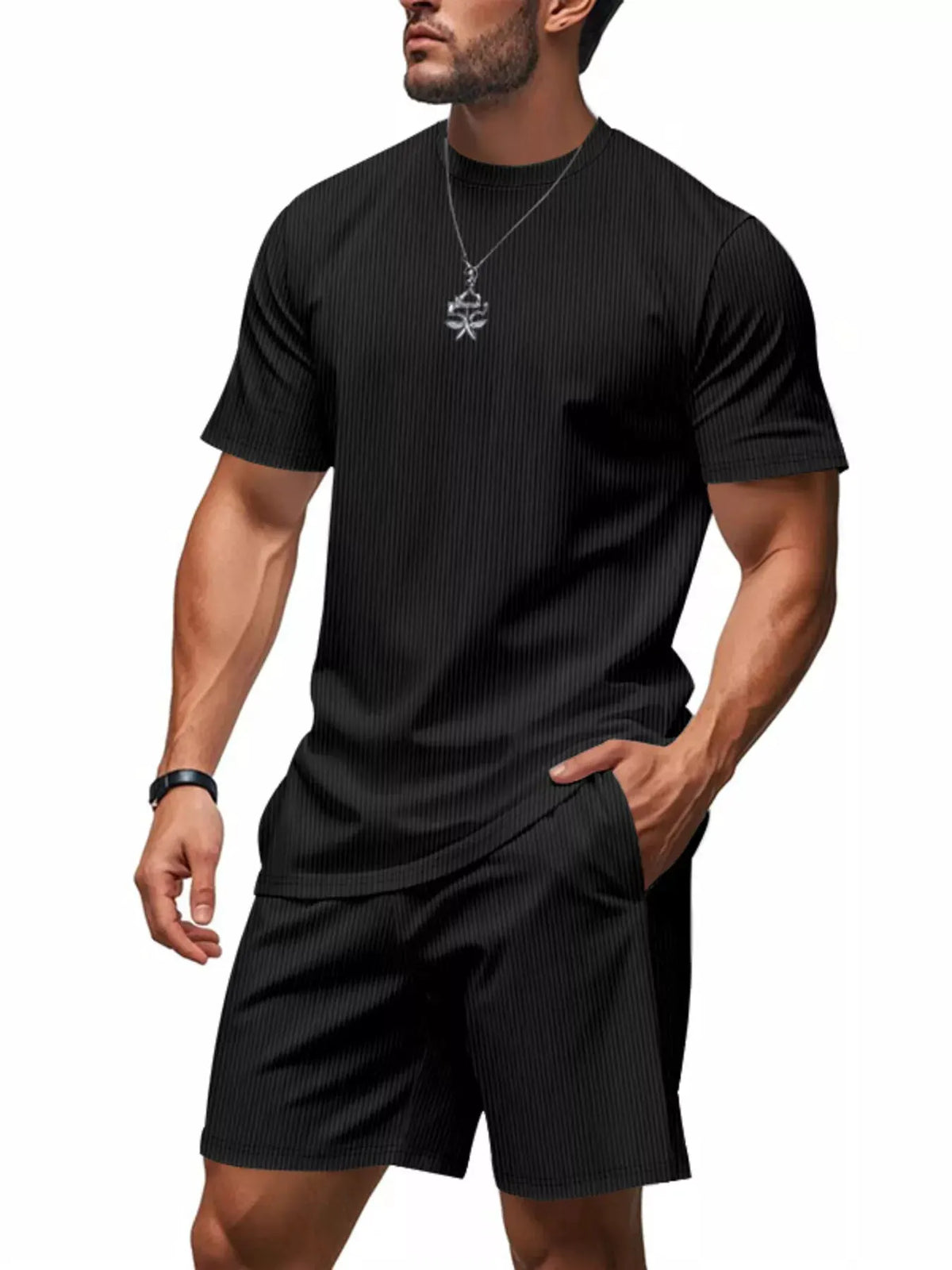 Men's Full Size Casual Striped Top and Shorts Set Plus Size by Trendsi