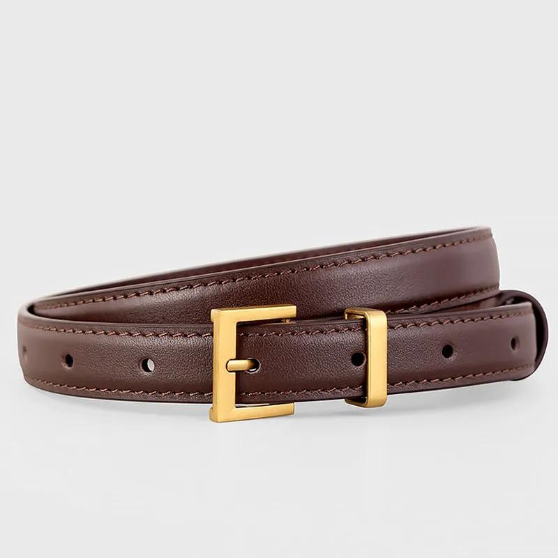 Leather Skinny Belt with Golden Buckle by Trendsi
